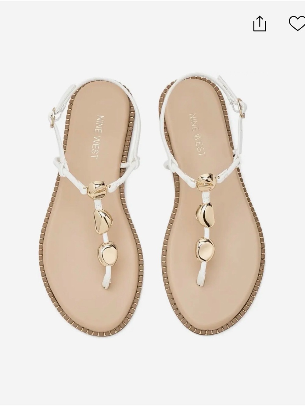 Nine West Derika White T-Strap Sandals with Gold Accents